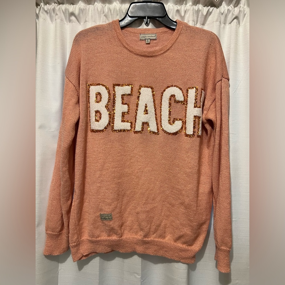 Simply Southern Peach Sweater with 'BEACH' Embellishment